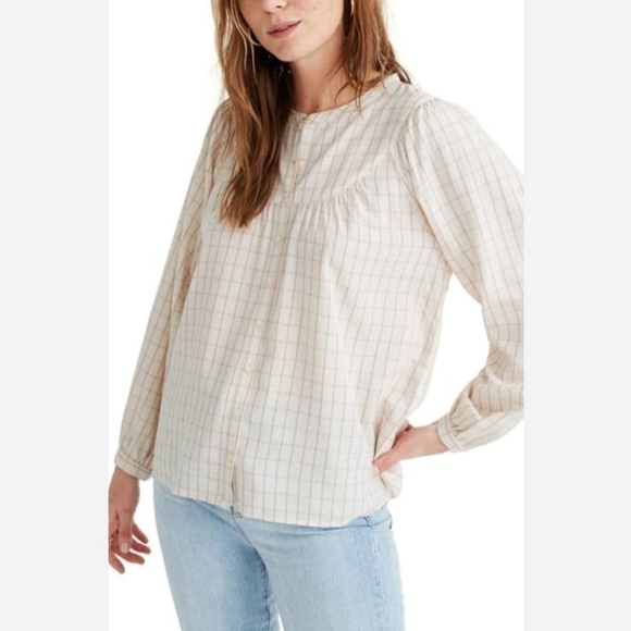 Madewell Windowpane Balloon Sleeve Button front Blouse Size XXL - Picture 1 of 7